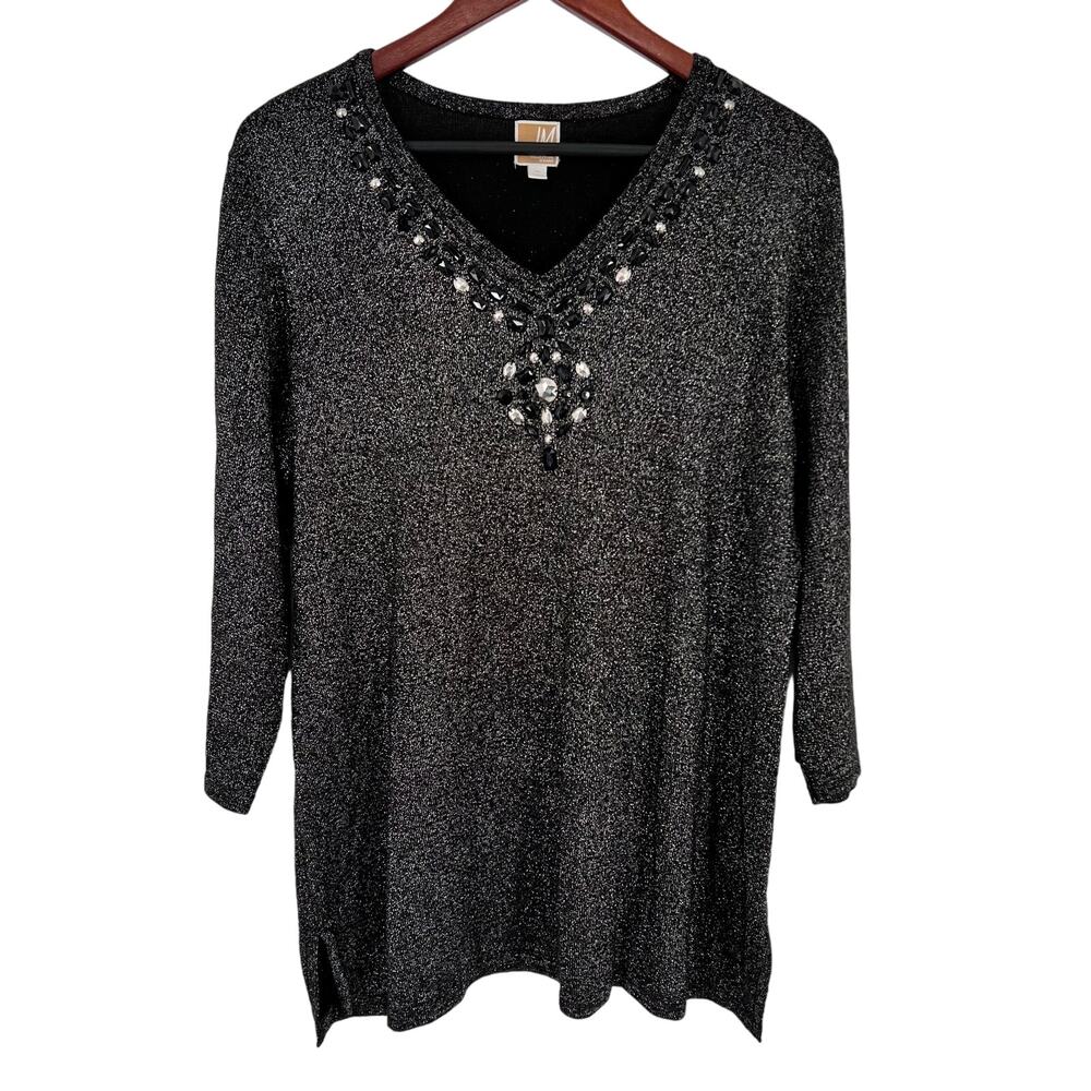 JM Collection Woman Plus Size 1X Medallic Sparkly Black Blouse Shirt Top Formal